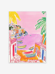 Illustrative print of a colourful coastal town with pink sea, yellow boats, and green palm trees