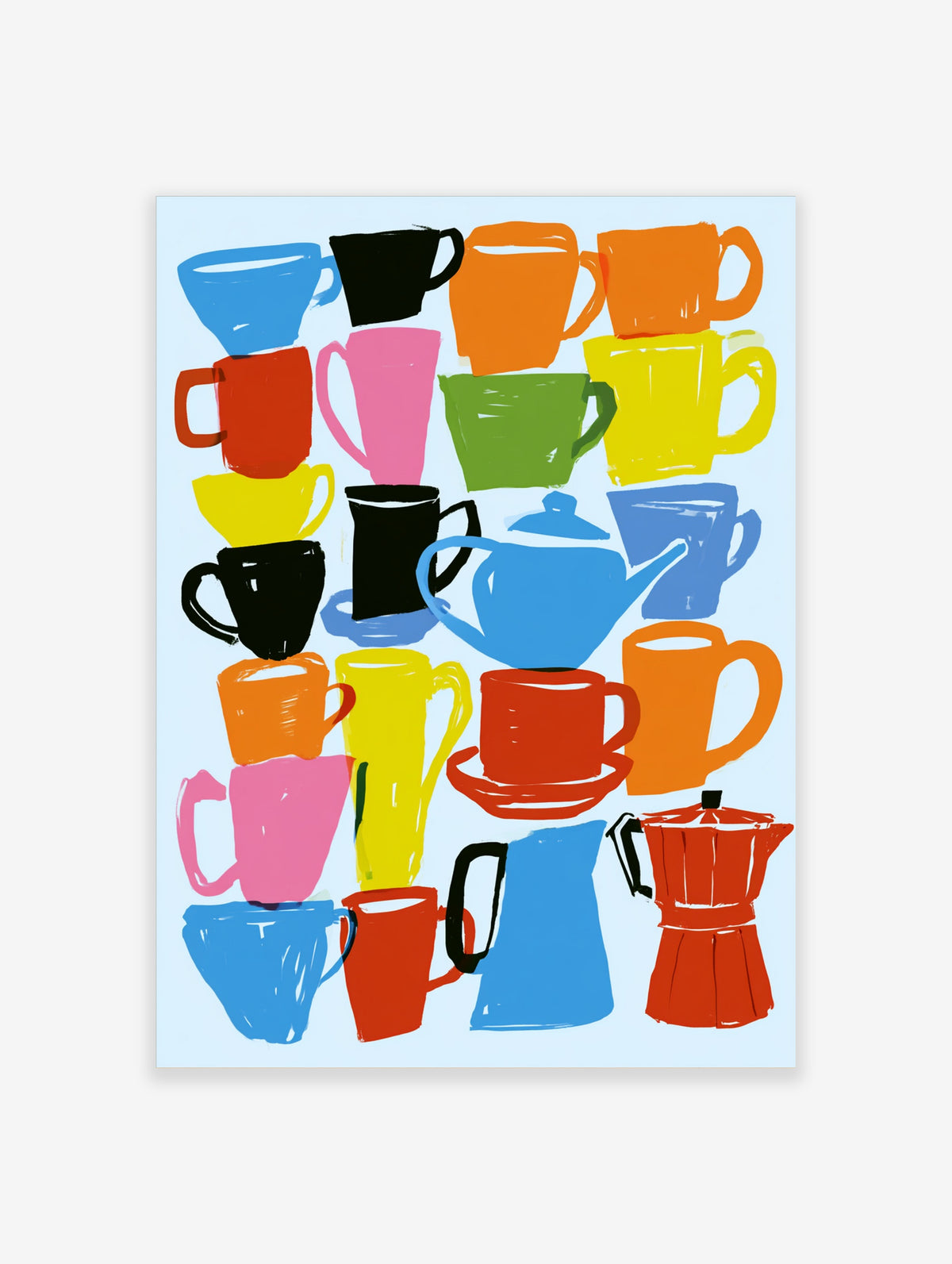 Colourful coffee cup poster with stacked mugs, teapot and Moka pot in blue, red, yellow and green