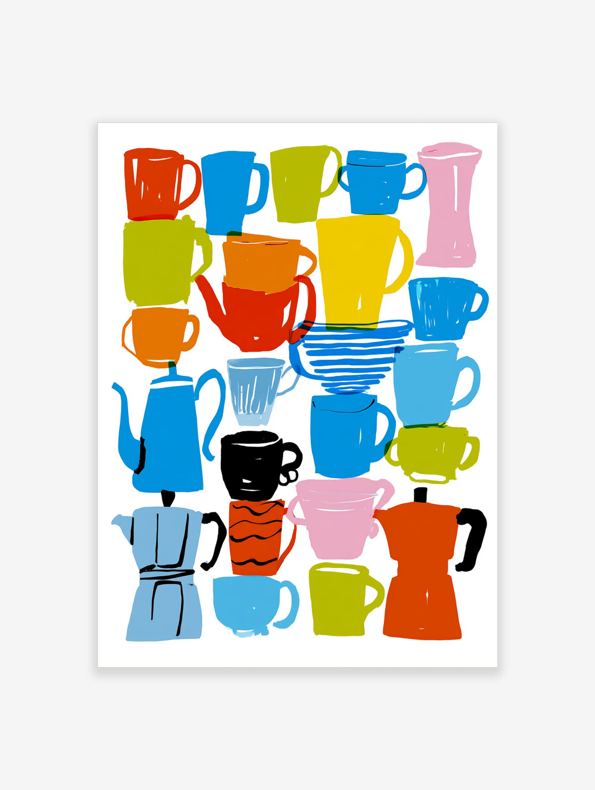 Colourful coffee cup poster with stacked mugs, teapots and a Moka pot on a white background