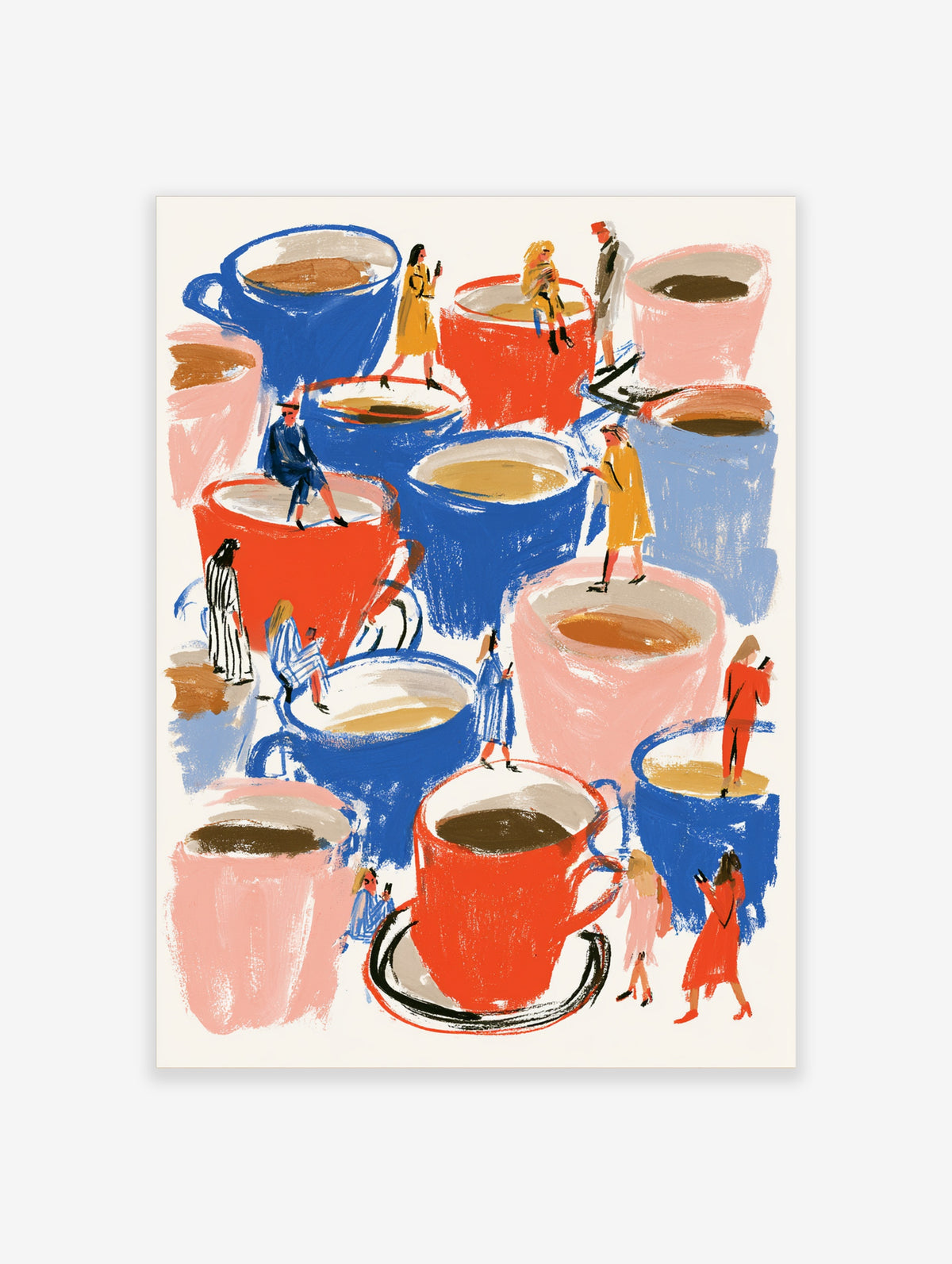 Colourful coffee cup poster with tiny people on giant blue, red, and pink mugs