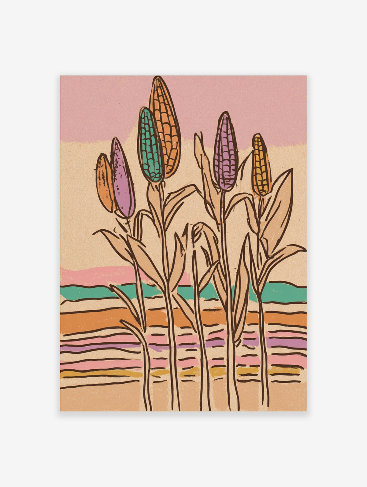 Colourful corn illustration with teal, purple, orange, yellow cobs on beige background with wavy stripes