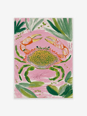Colourful crab illustration wall art print with orange claws, green legs, and spotted shell on a pink background