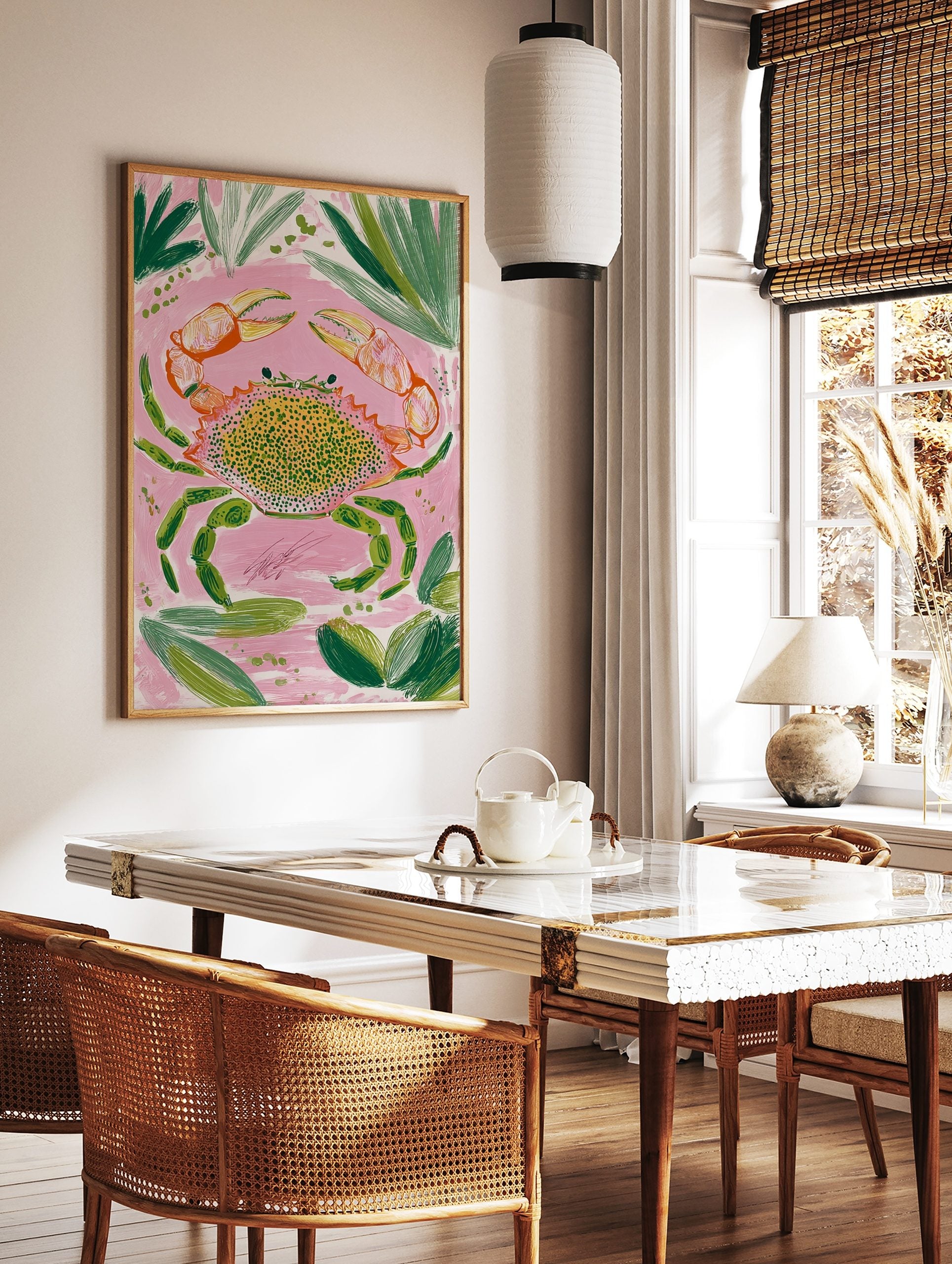 Colourful crab illustration wall art print with orange claws, green legs, and spotted shell on a, in a styled room mockup