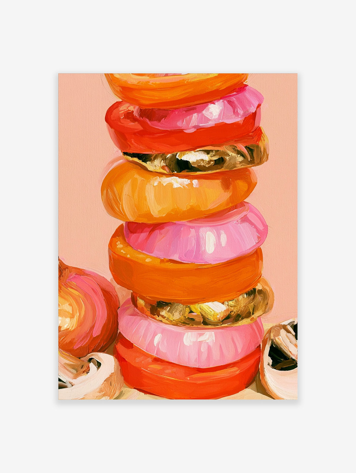 Colourful donut stack poster with pink, orange and red glazed rings on a peach background