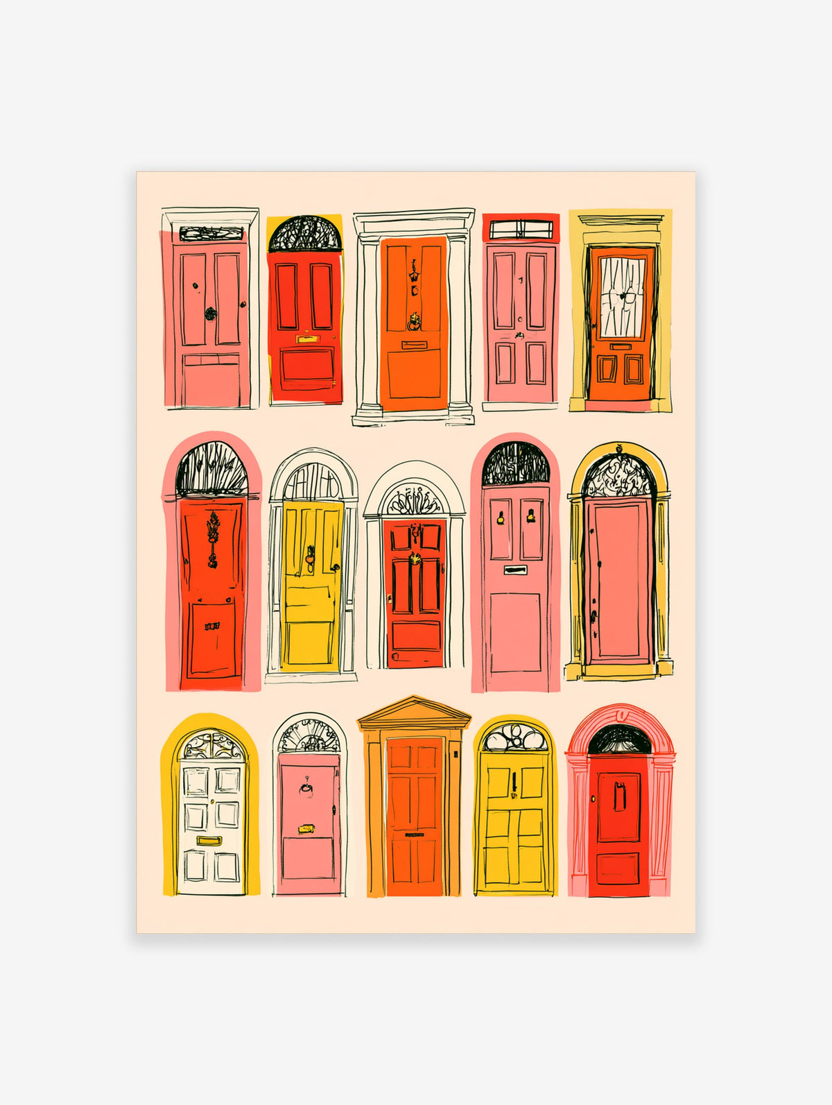 Illustrated poster of twelve colourful front doors in red, yellow, pink, and orange on a cream background