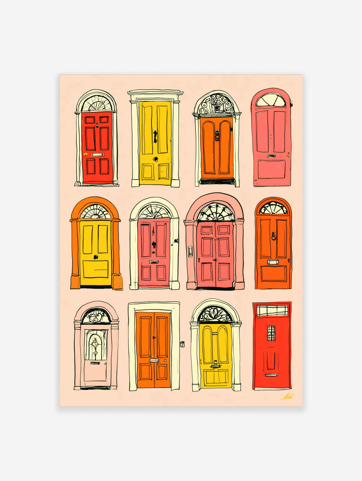 Illustrated grid of twelve colourful front doors in red, yellow, pink and orange on a pale pink background