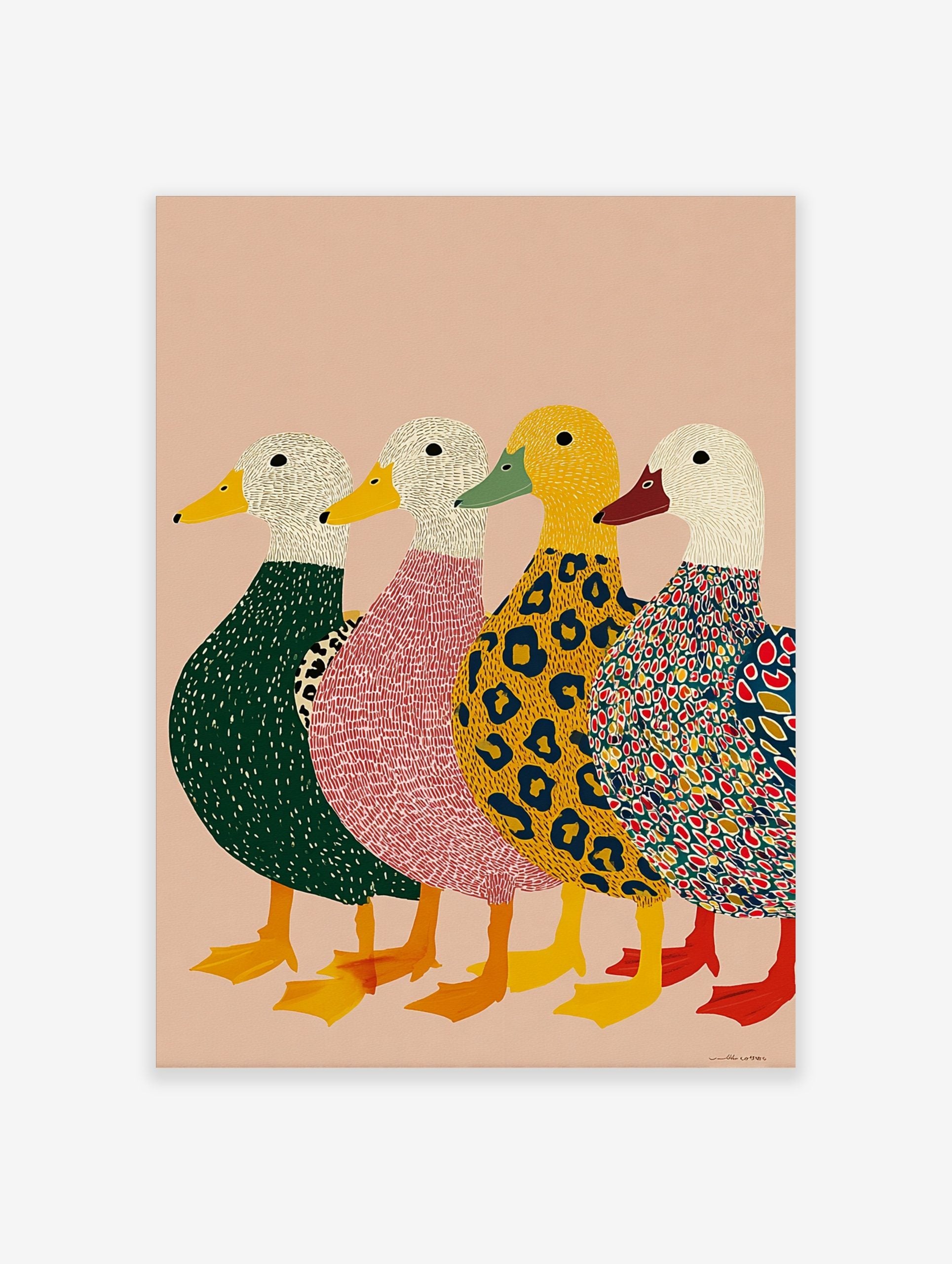 Four colourful illustrative ducks in green, pink, leopard, and multi-patterned bodies on a pink background