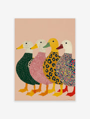 Four colourful illustrative ducks in green, pink, leopard, and multi-patterned bodies on a pink background