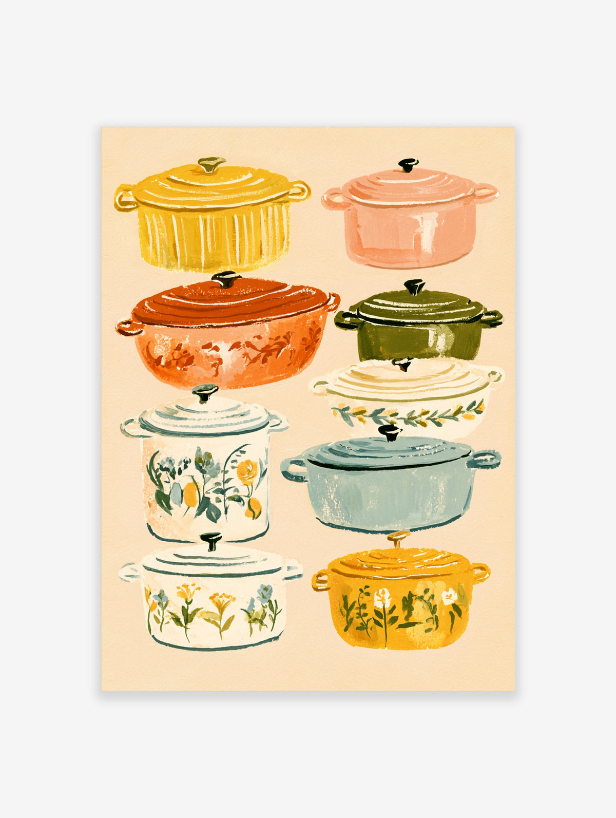 Colourful enamel pot poster with nine illustrated casserole dishes and floral motifs on beige background