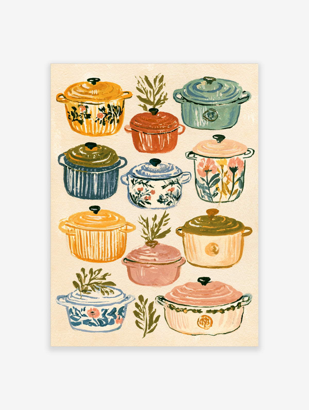 Colourful enamel pot poster with nine illustrated casserole dishes and herbs on cream background
