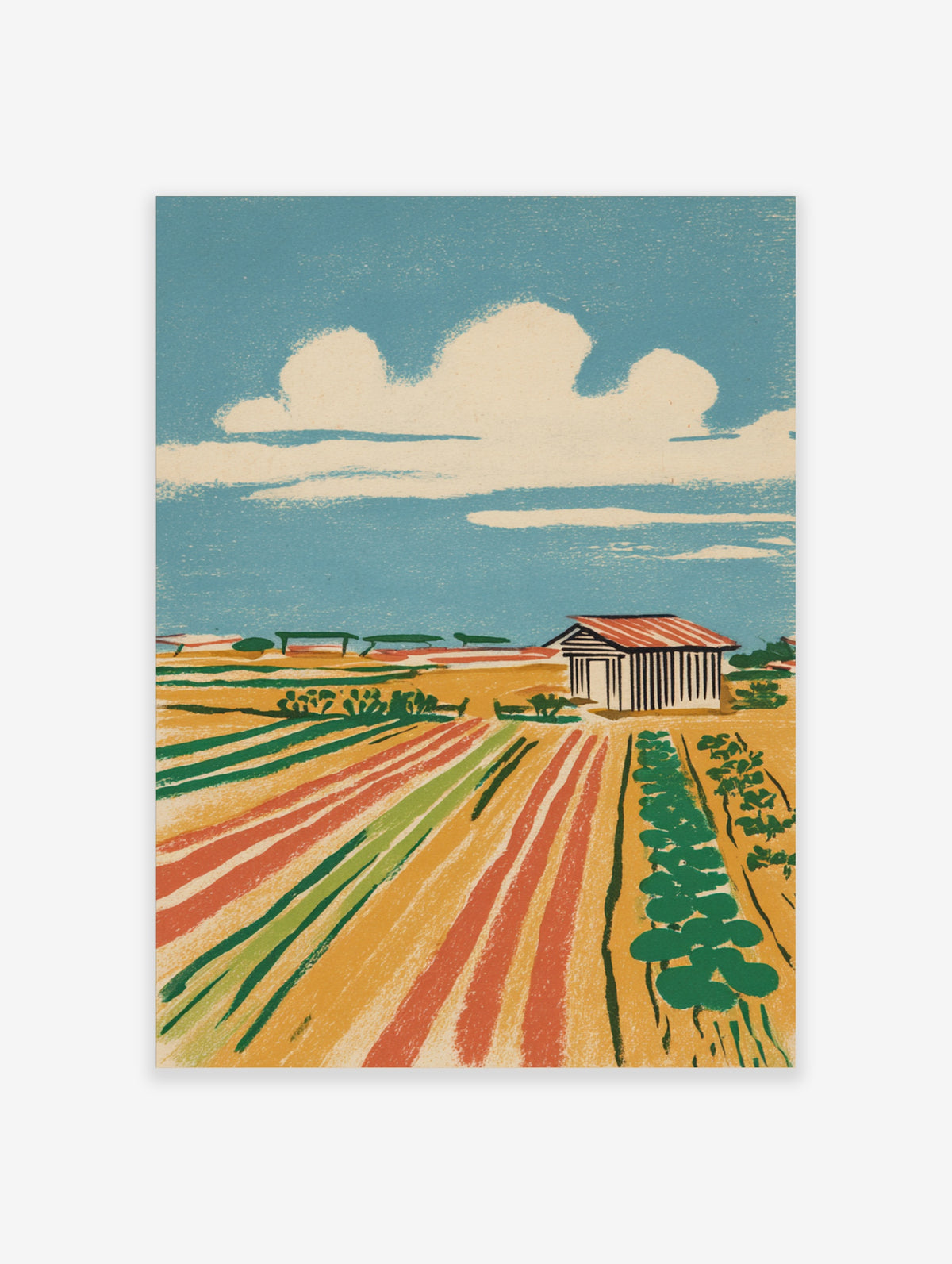 Colourful farm field poster with red-roofed barn, striped crop rows, green plants, and blue sky with cream clouds