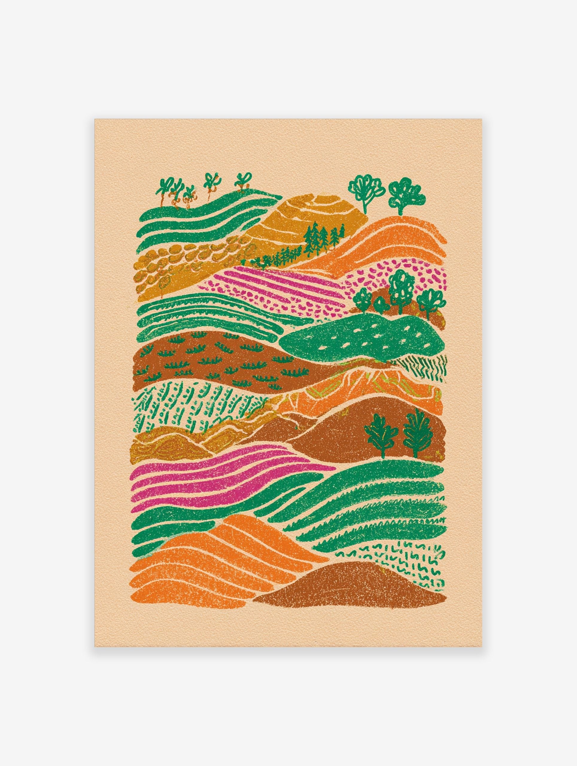Colourful illustrative landscape art print with rolling hills, patterned green, orange, and magenta farm fields, and trees