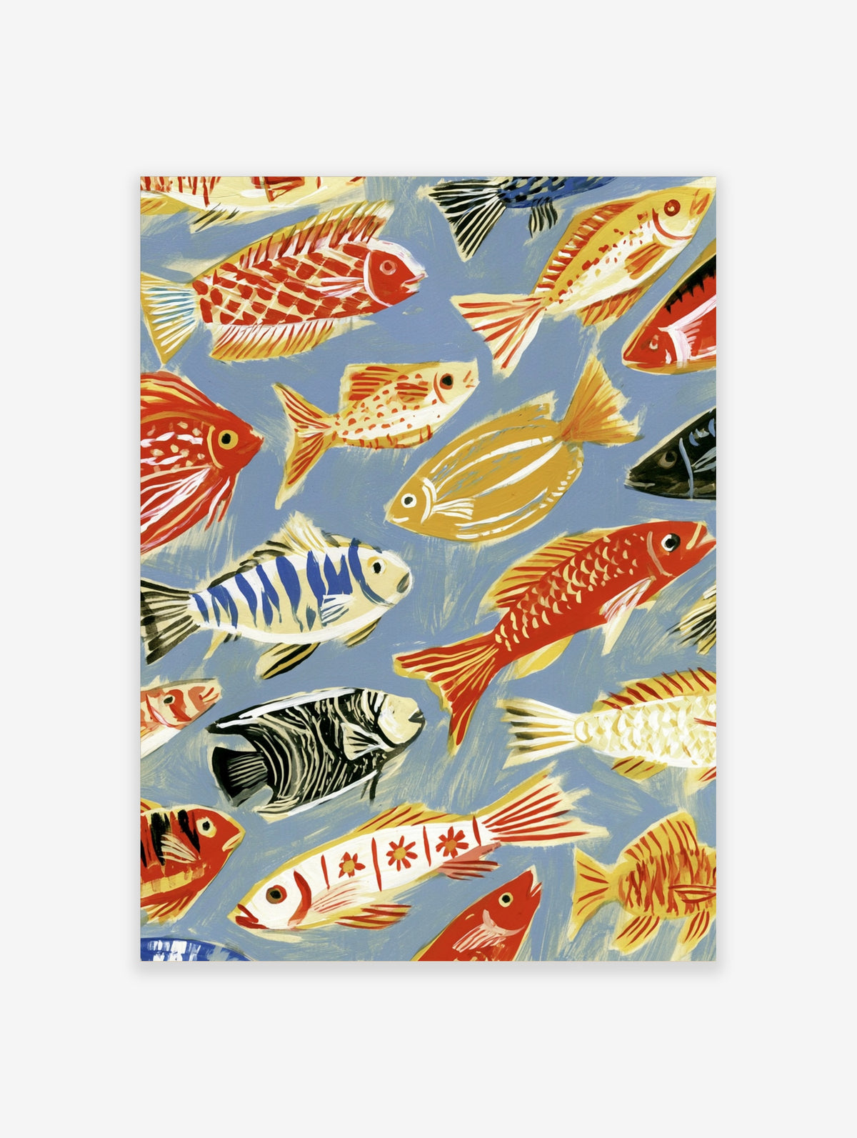 Colourful fish poster with red, blue, yellow and black painted fish on a blue background
