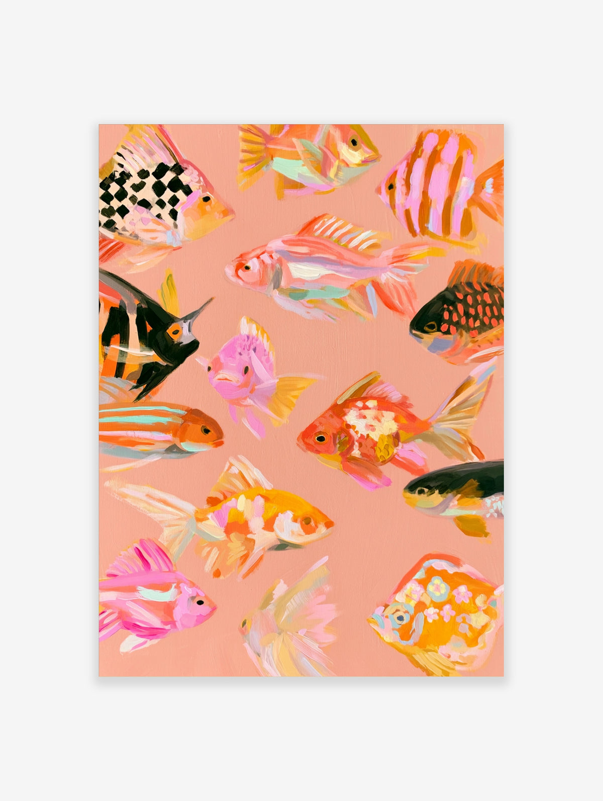 Colourful fish poster with painted tropical fish on coral pink background, unframed paper print