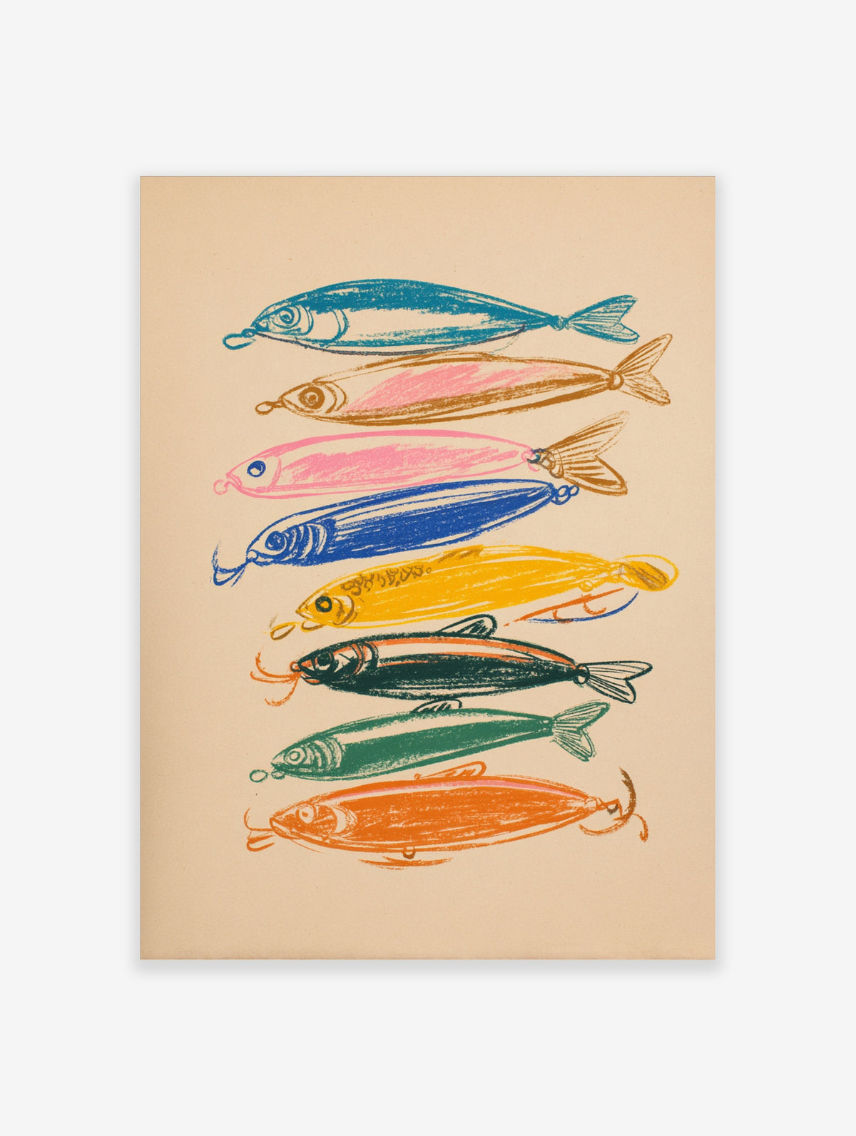Colourful fish wall art with eight stylised fish in teal, pink, blue, yellow, black, green, and orange on beige background