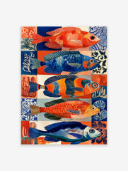 Five colourful illustrative fish in blue and orange hues against patterned tiles, marine life wall art