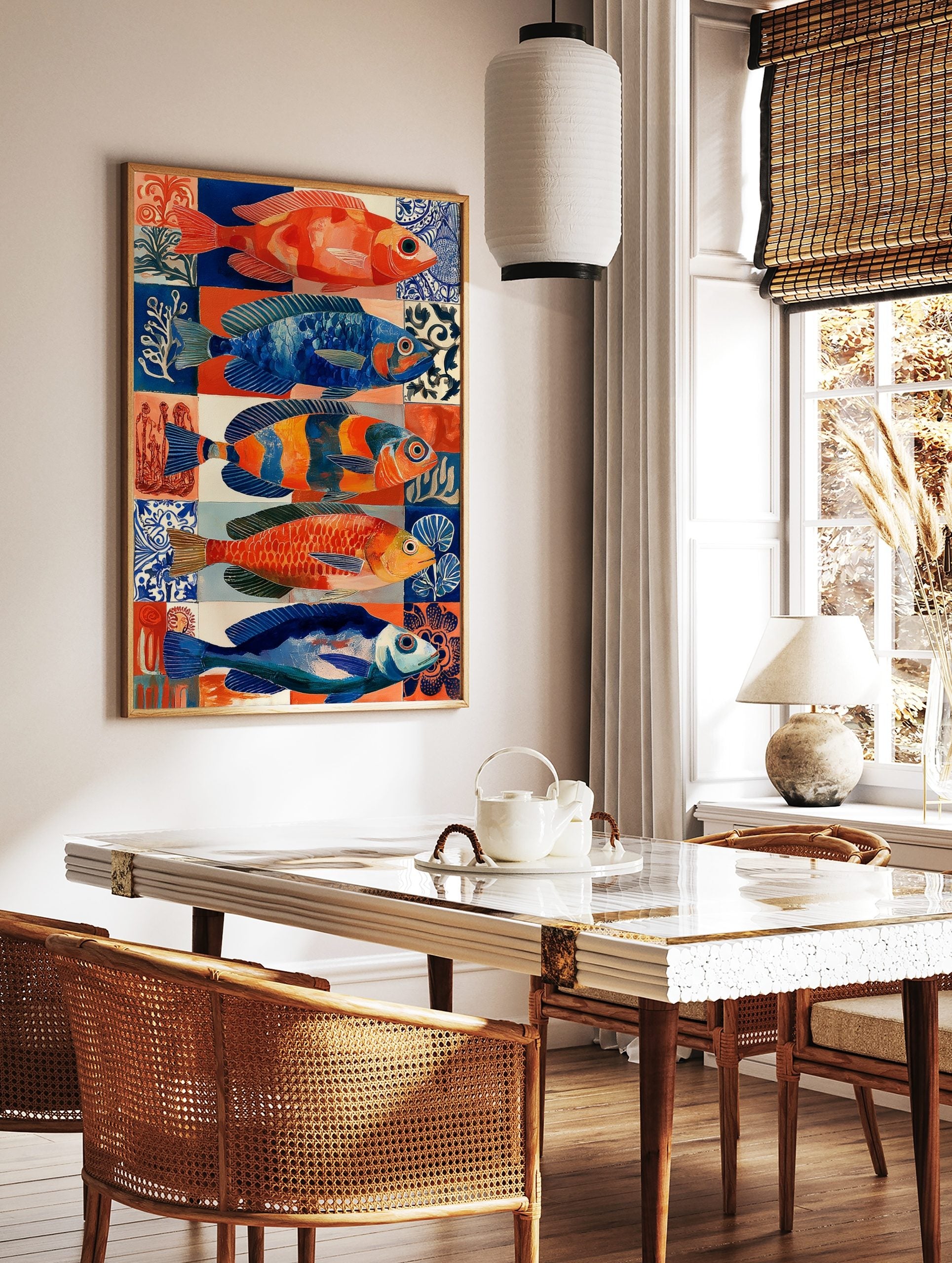Five colourful illustrative fish in blue and orange hues against patterned tiles, marine life wall, in a styled room mockup