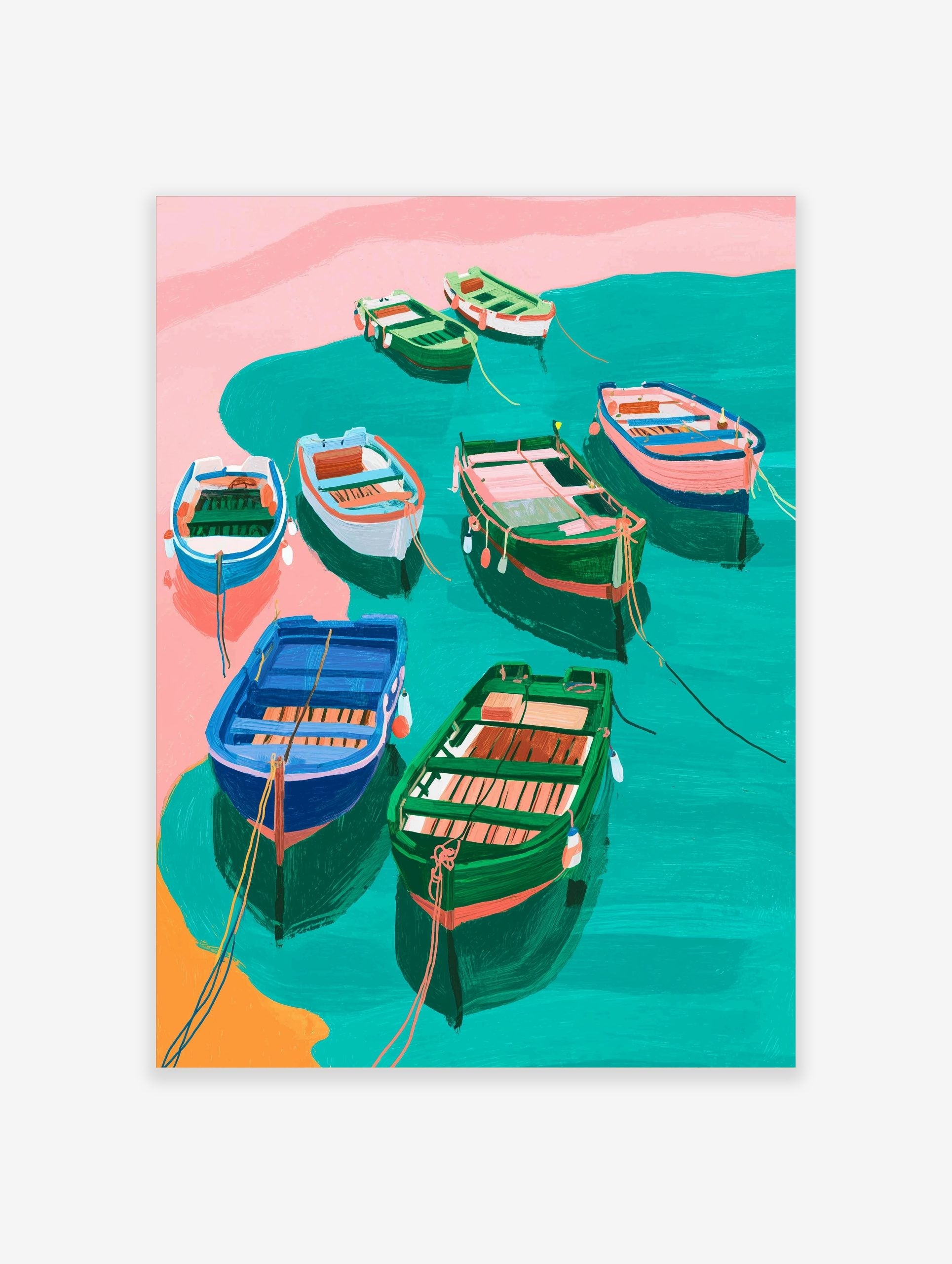 Illustrative art print of colourful fishing boats in teal water with pink shore and orange sand