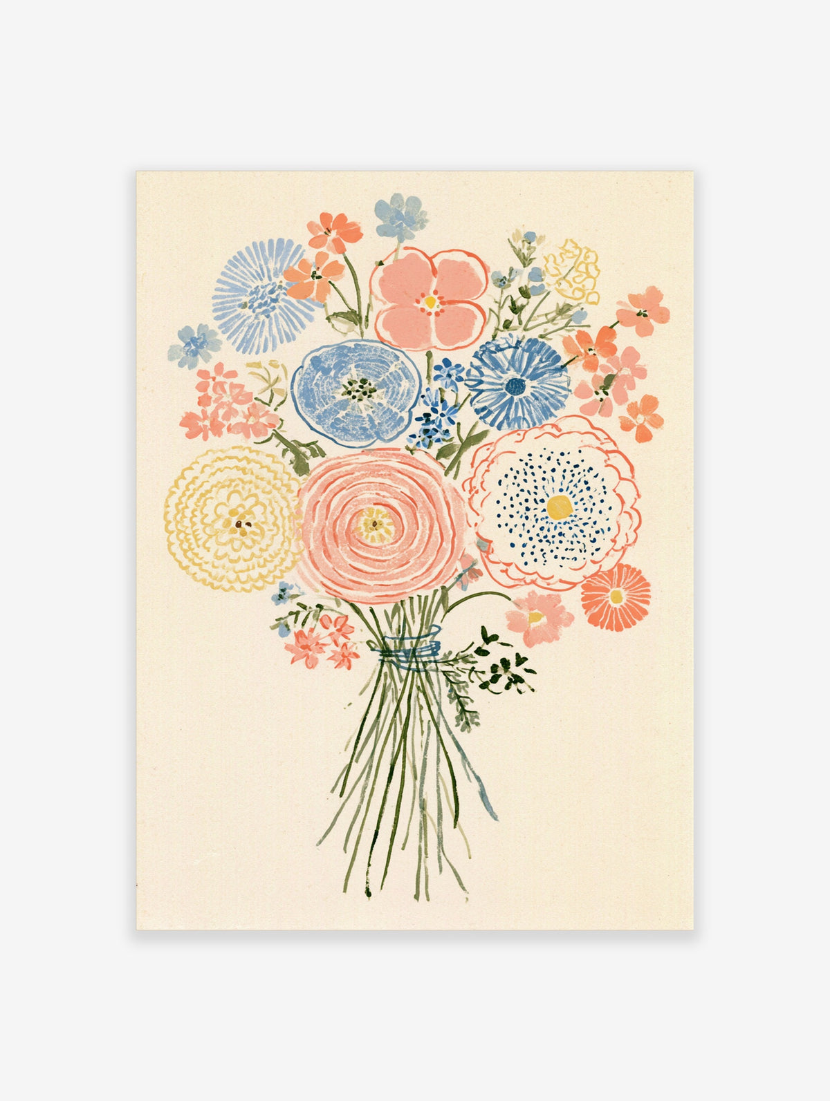 Colourful floral bouquet poster with pink, blue and yellow flowers tied by a blue ribbon on cream background