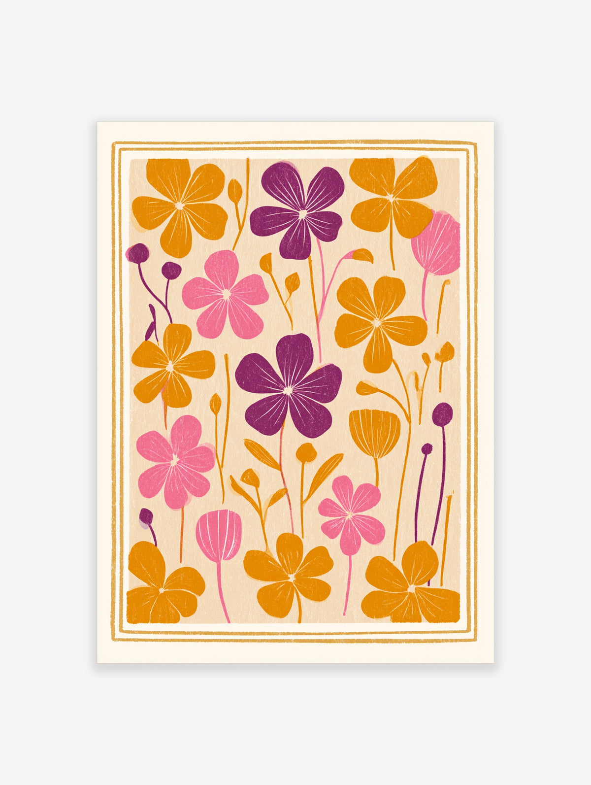 Colourful retro floral art print with orange, purple and pink flowers on a beige background