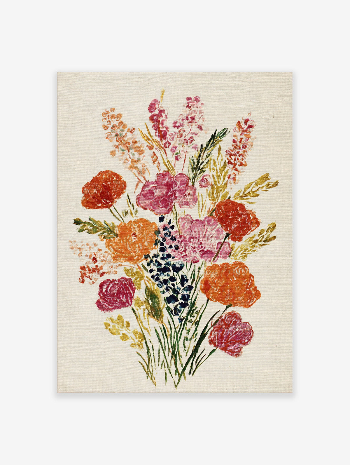 Colourful flower bouquet print with pink, orange, and blue blooms on cream background