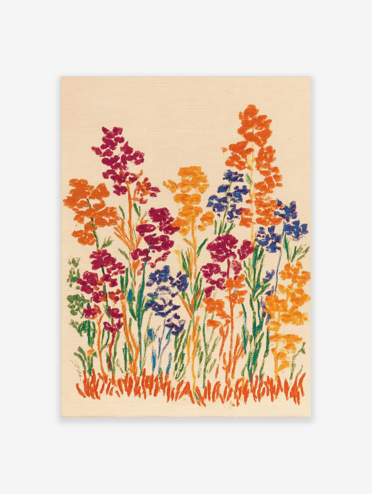 Colourful flower garden print with red, orange, blue, yellow blooms and green stems on beige background