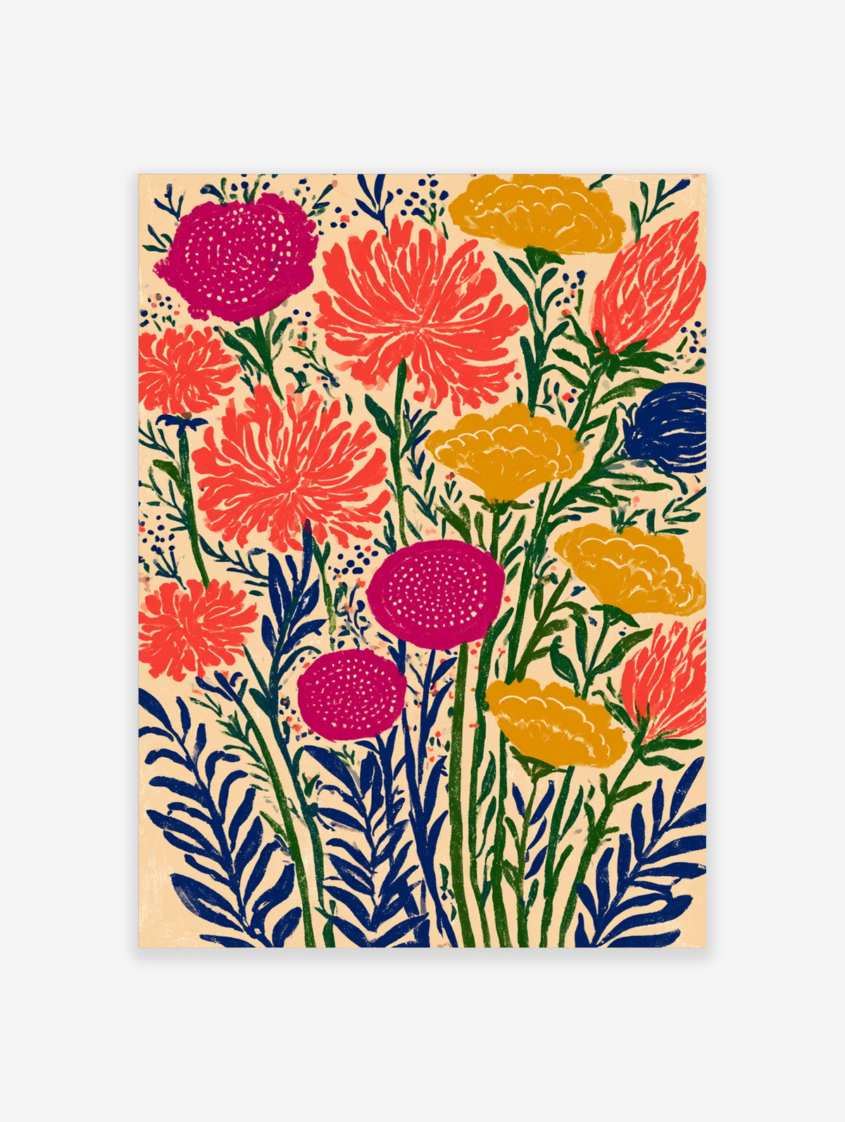 Colourful folk art flower poster with pink, red and yellow blooms on cream background
