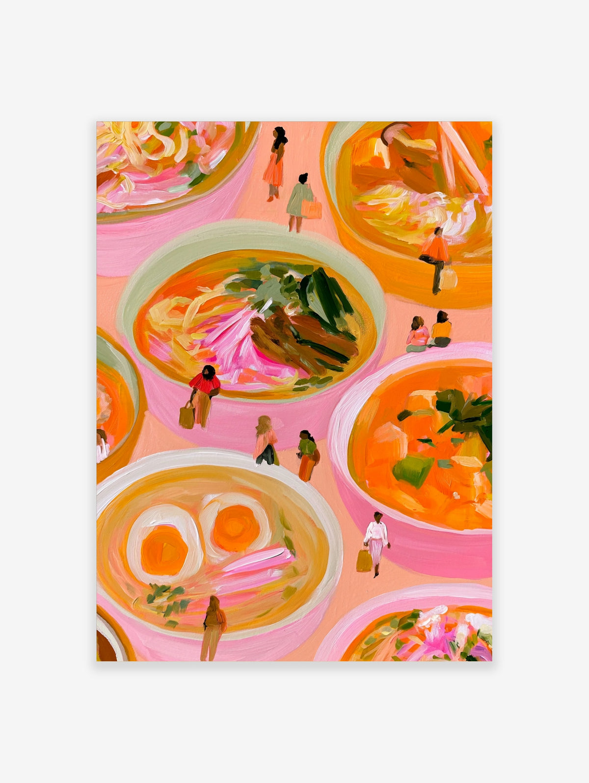 Colourful food art poster of oversized noodle bowls with pink broth and tiny figures