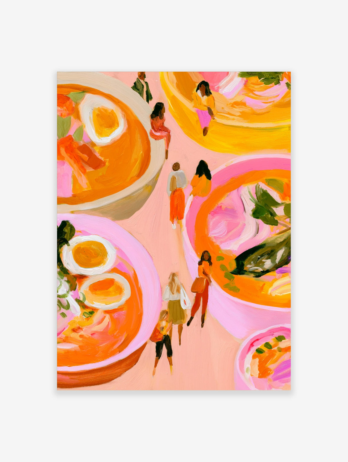 Overhead food art print of figures among giant soup bowls with eggs and greens