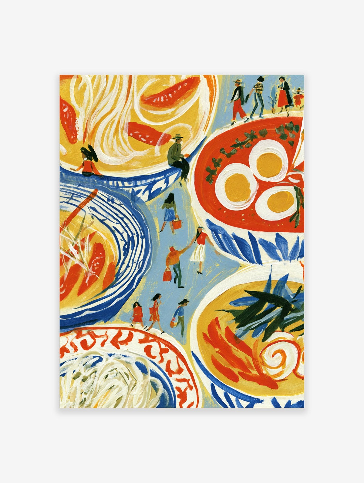 Colourful food illustration poster of noodle bowls, eggs and chilli peppers with tiny figures