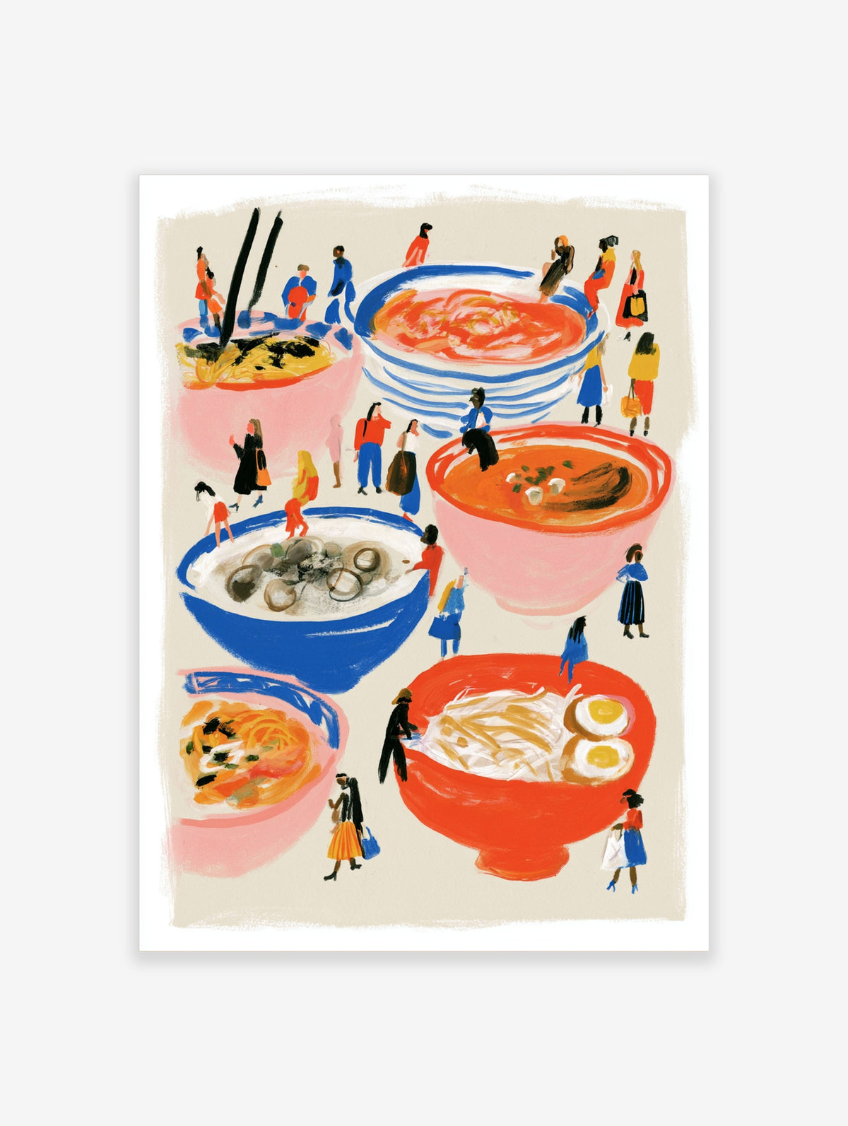 Colourful food illustration poster with noodle bowls, soup, eggs and tiny figures on a pale background