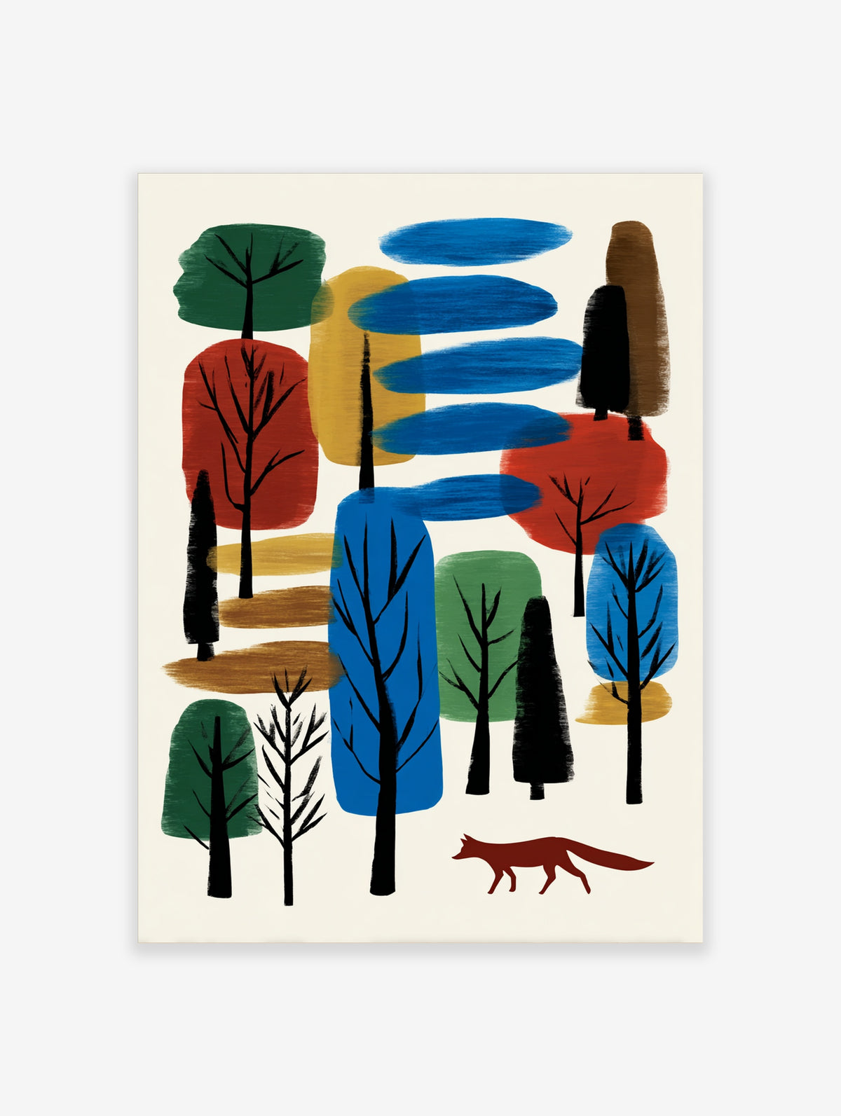 Colourful forest wall art with stylised blue, red, green trees and a red fox on cream background