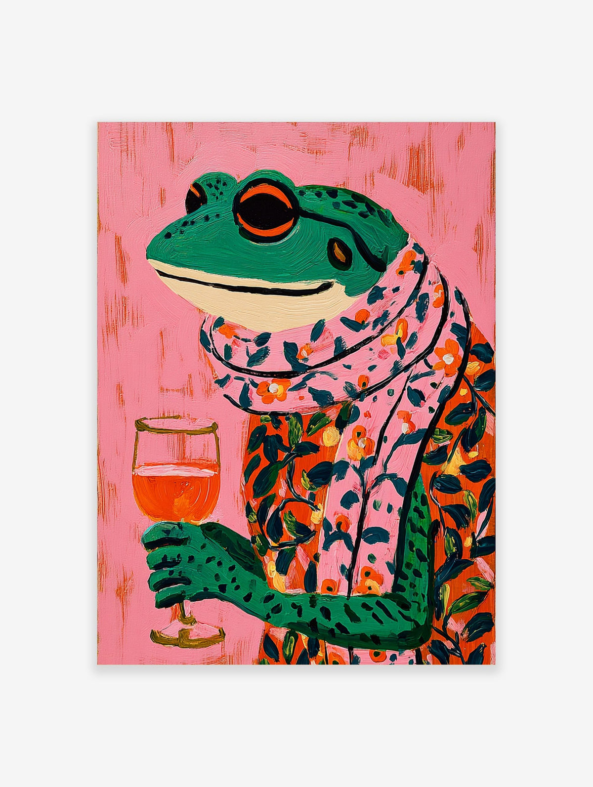 Illustrative colourful frog in floral shirt and scarf holding a wine glass on pink background