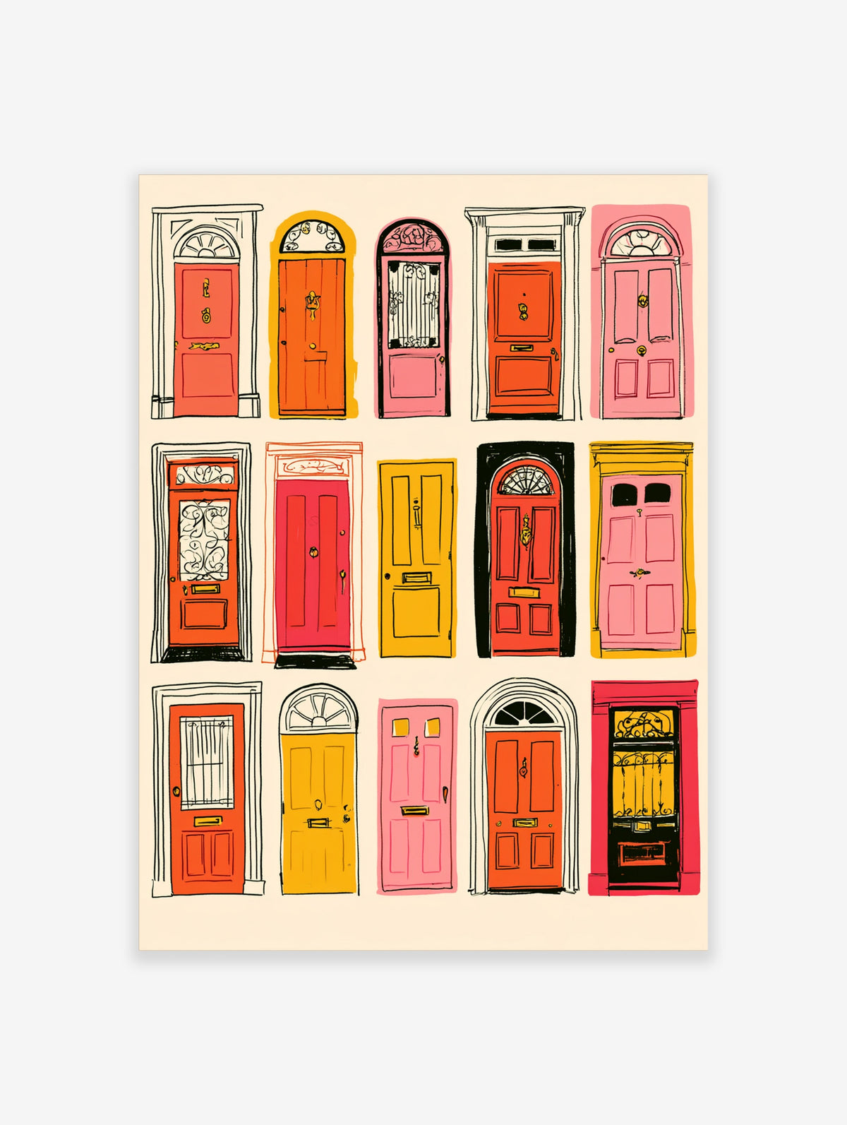 Illustrated front door poster with twelve colourful doors in pink, orange, yellow, red and black on cream