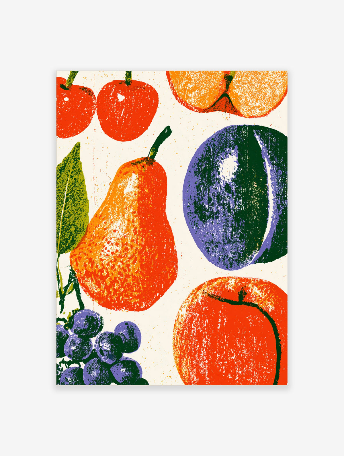 Colourful fruit poster with pear, grapes, orange, apple and melon on cream background