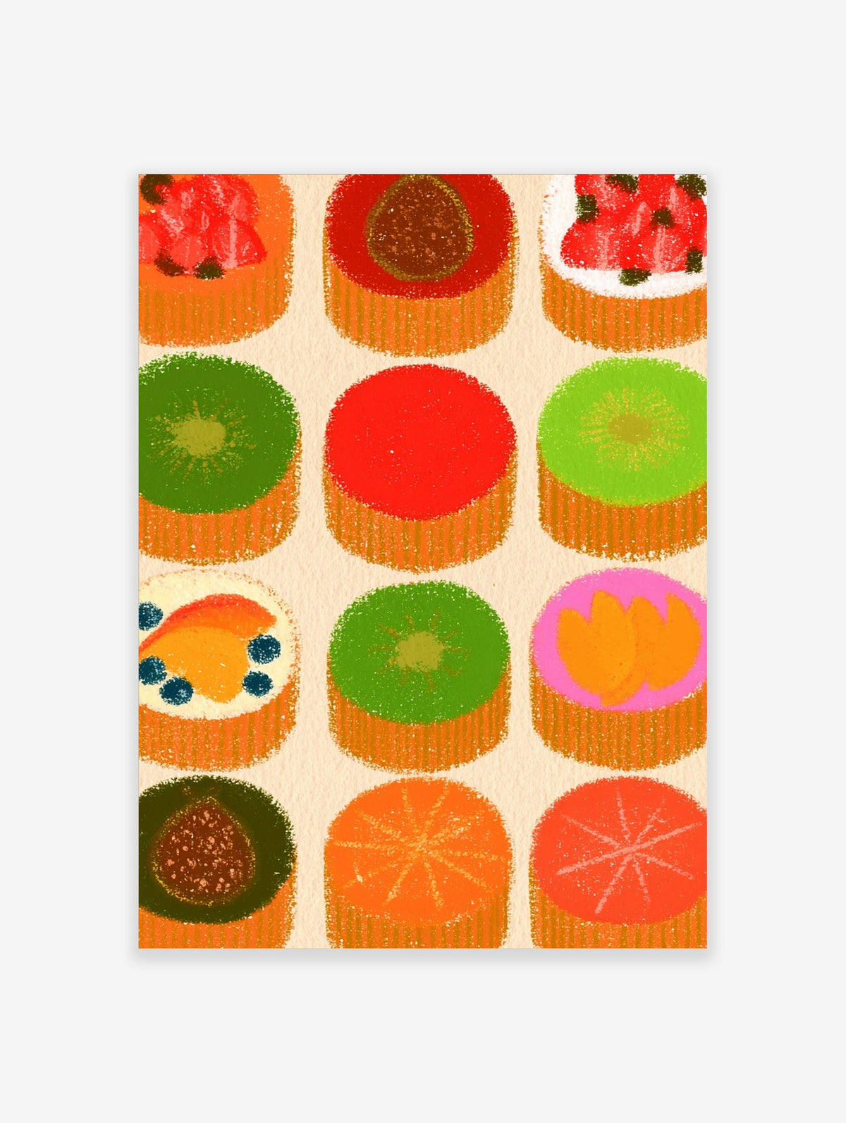 Colourful fruit tart poster with kiwi, strawberry, orange and blueberry cakes in a retro textured grid