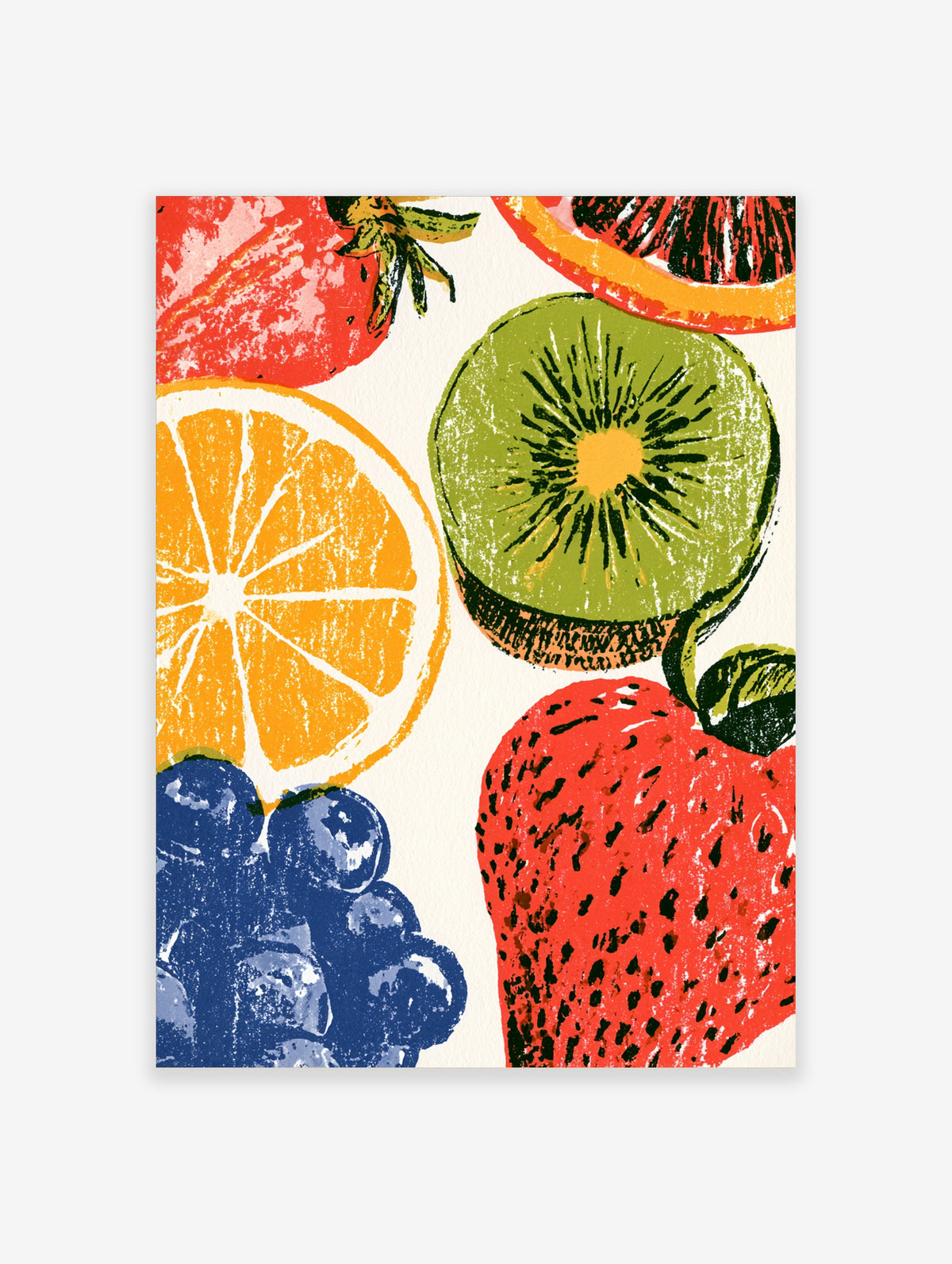 Colourful fruit wall art print with strawberry, orange, kiwi and blueberries on white background
