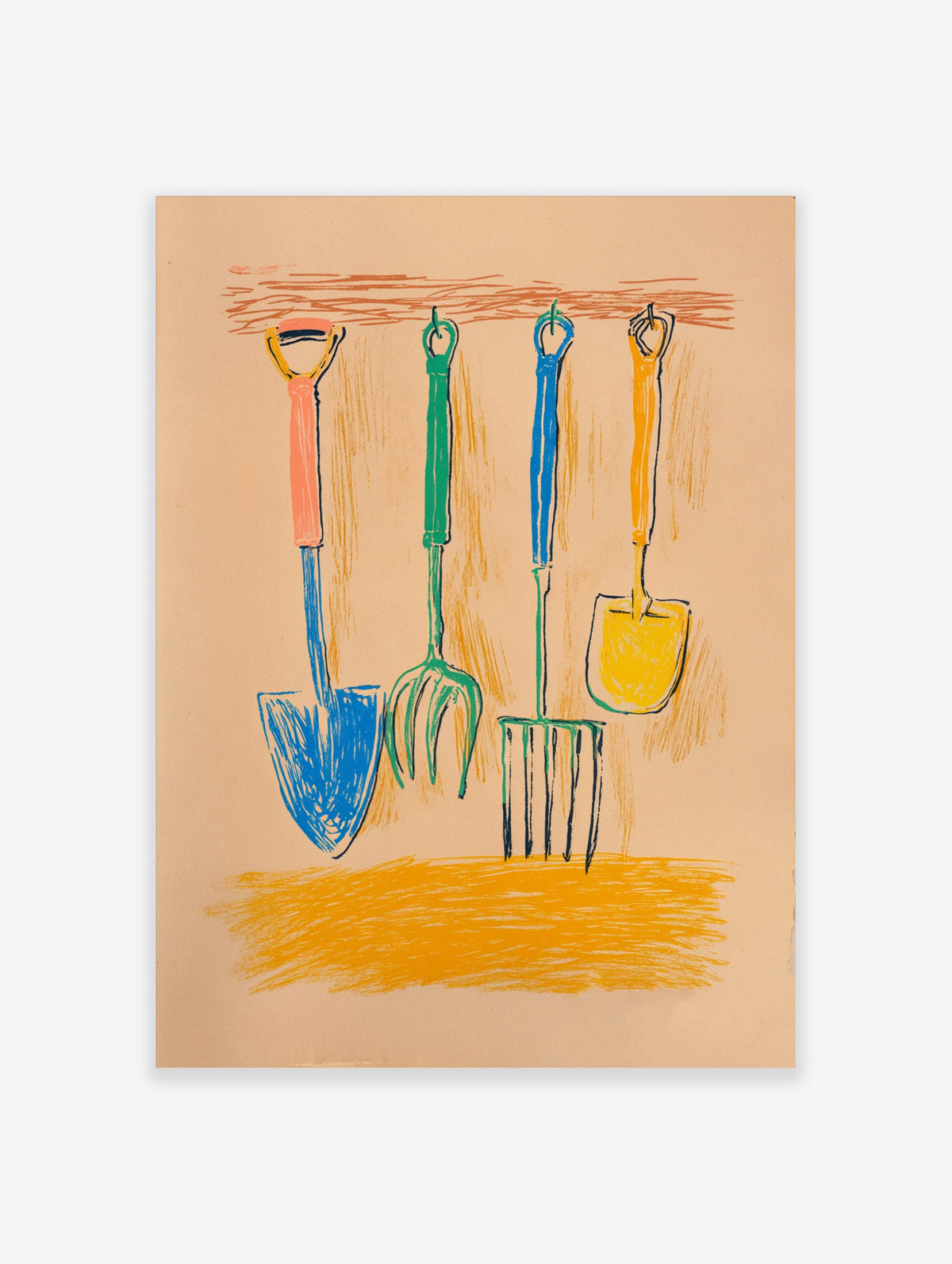 Hand-drawn garden tools wall art print with blue spade, green fork, blue rake, and yellow spade on beige background