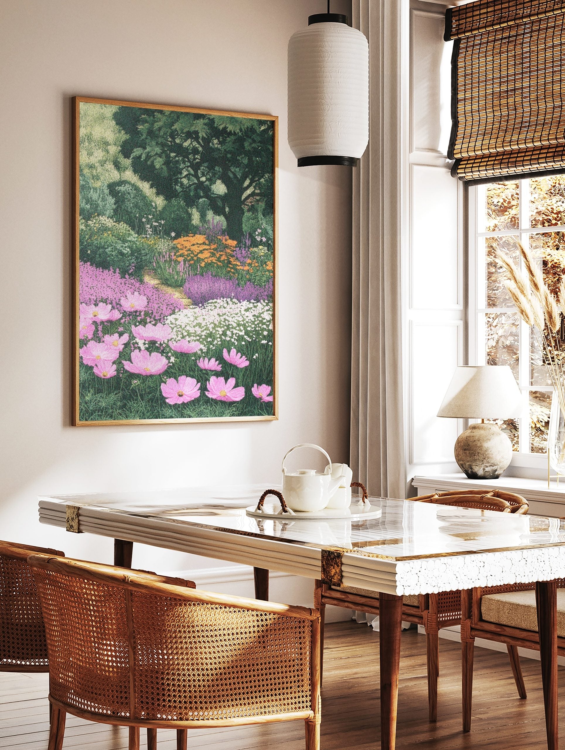 Lush garden print with pink cosmos, purple and orange flowers, green trees, and winding path, in a styled room mockup
