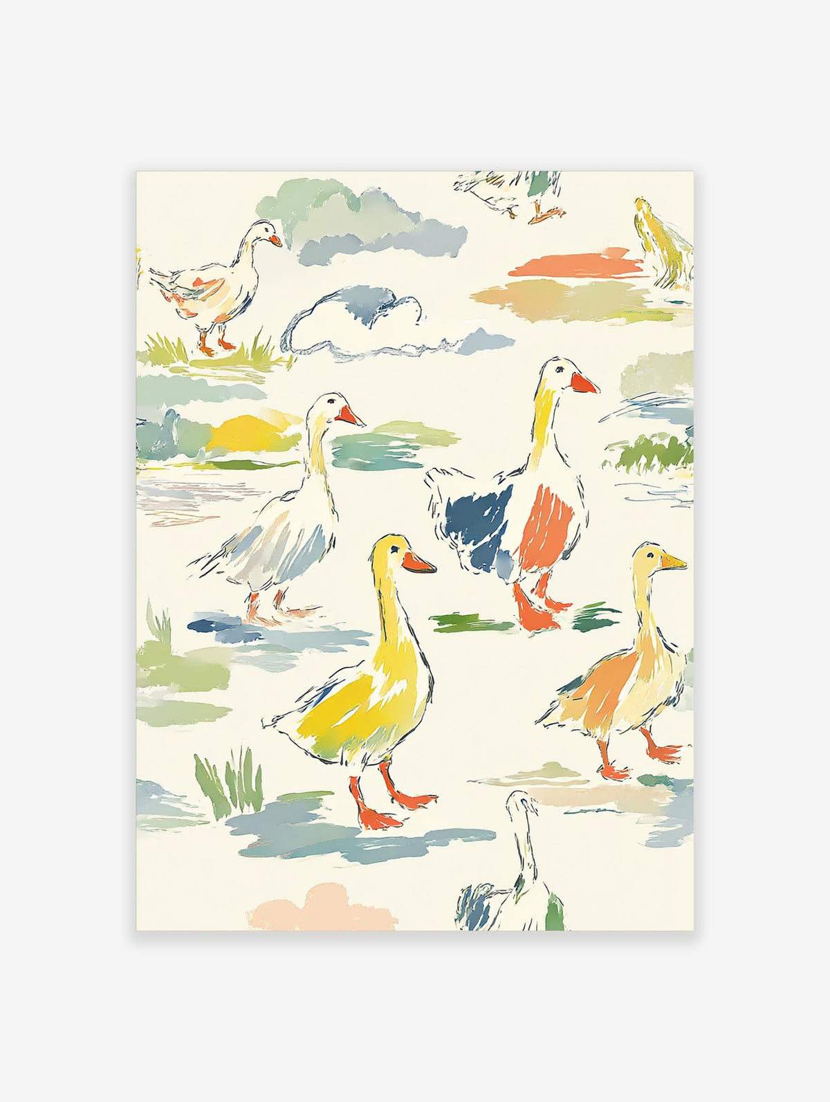 Colourful illustrative print of geese and goslings in a multi-colour landscape with watercolour style