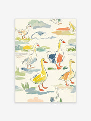Colourful illustrative print of geese and goslings in a multi-colour landscape with watercolour style