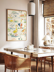 Colourful illustrative print of geese and goslings in a multi-colour landscape with watercolour, in a styled room mockup