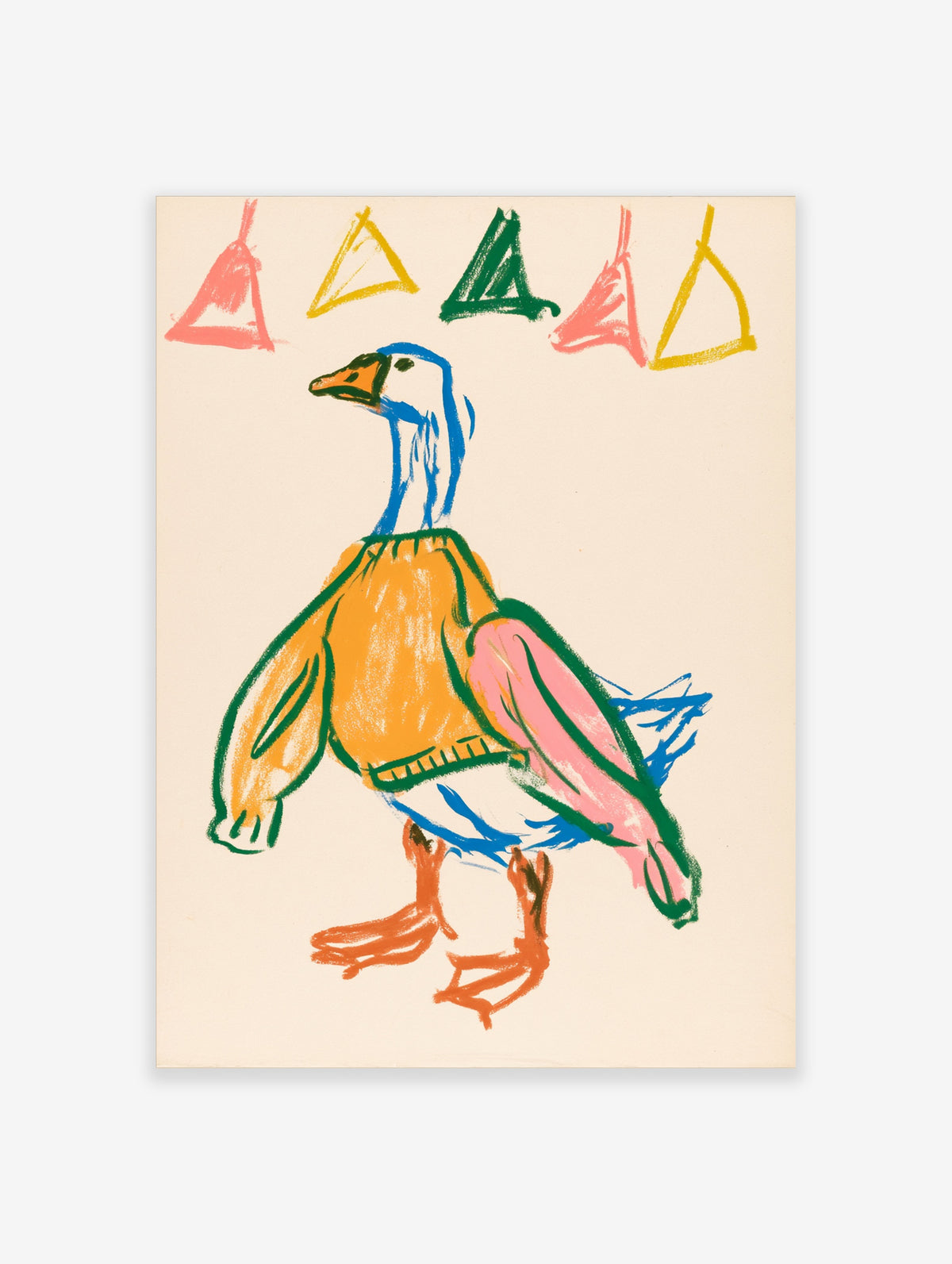 Colourful goose poster with blue neck, orange body, pink wing, and triangle shapes above