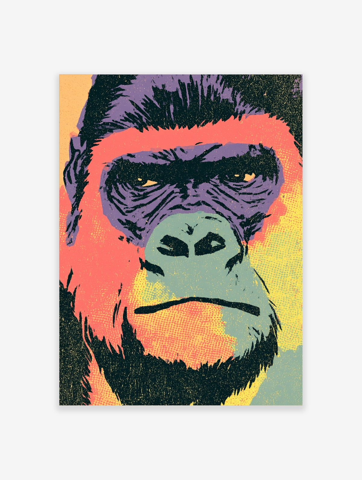 Colourful pop art gorilla poster with purple face, teal muzzle, coral fur, and yellow halftone background