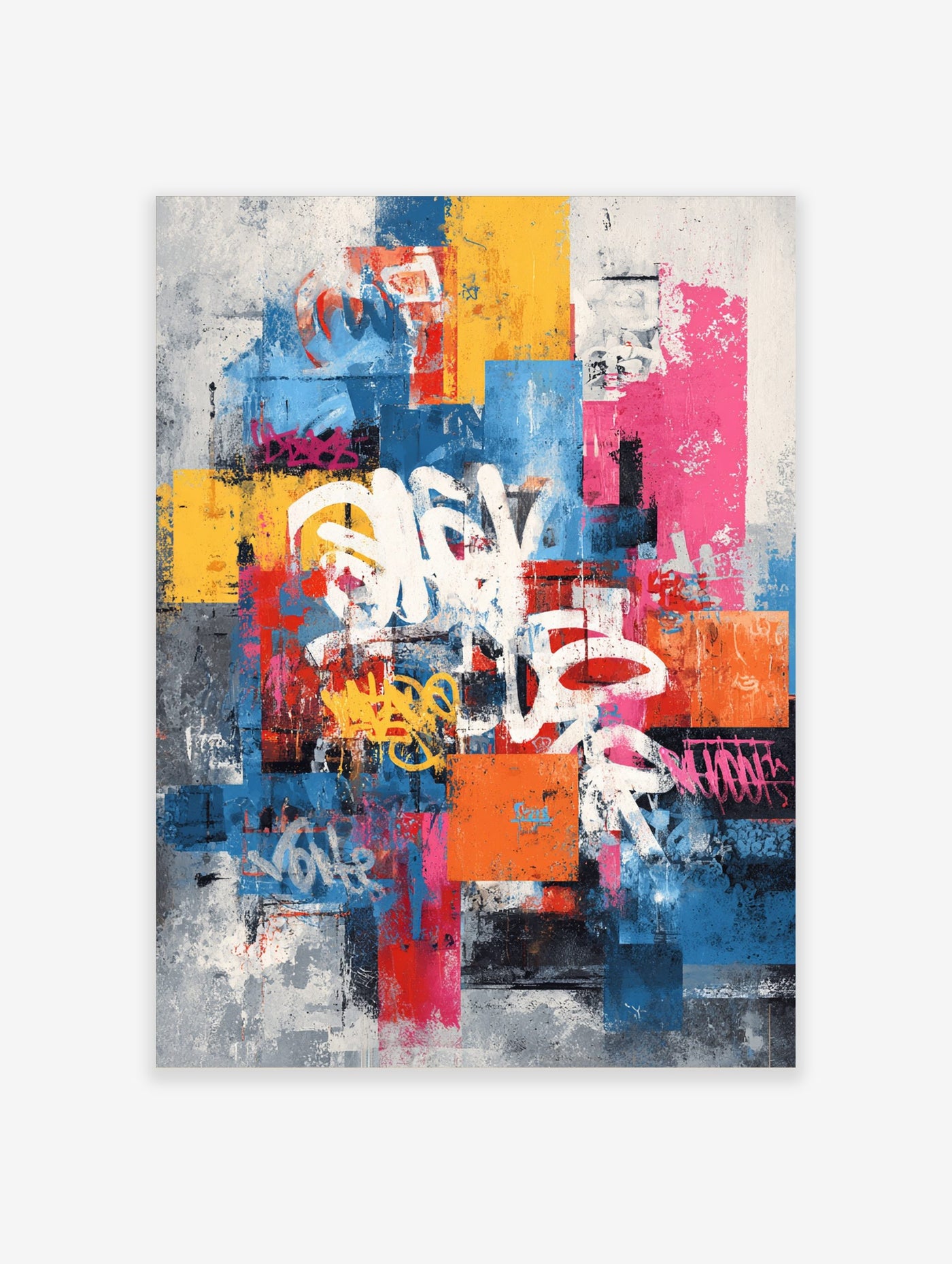 Abstract graffiti art print with layered blue, yellow, red, pink blocks and bold white spray-paint typography