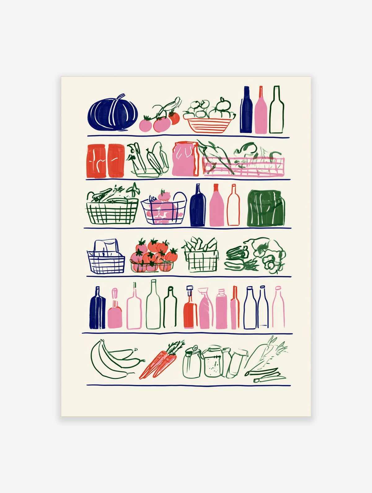 Colourful grocery illustration poster with hand-drawn produce, baskets, and bottles on six shelves