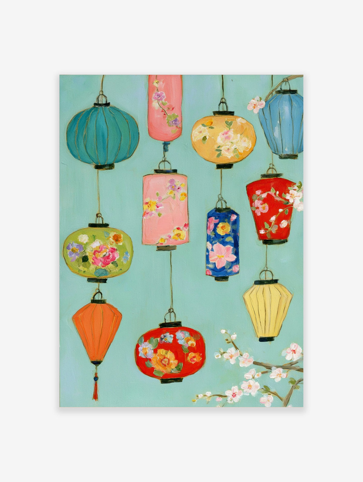 Illustrated poster of colourful hanging paper lanterns with floral motifs on a teal background