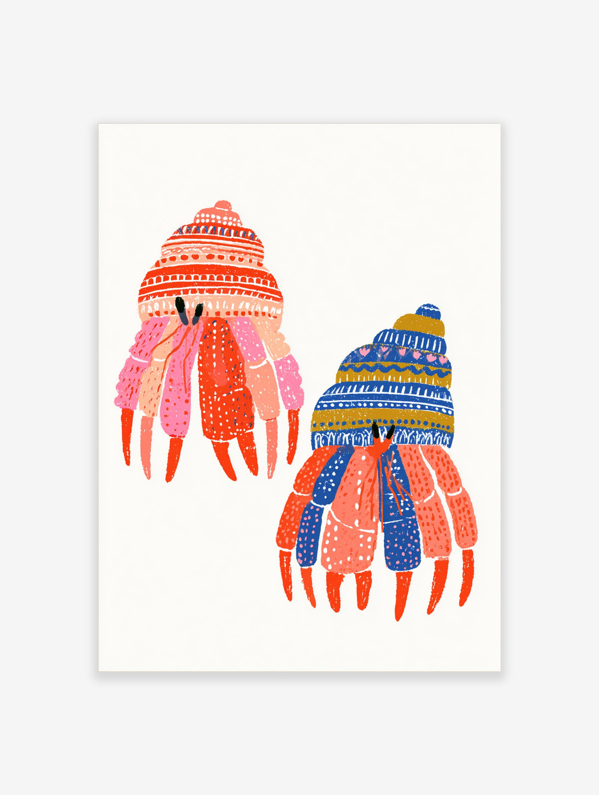 Colourful hermit crab poster with two crabs in knit hats and patterned shells on white background