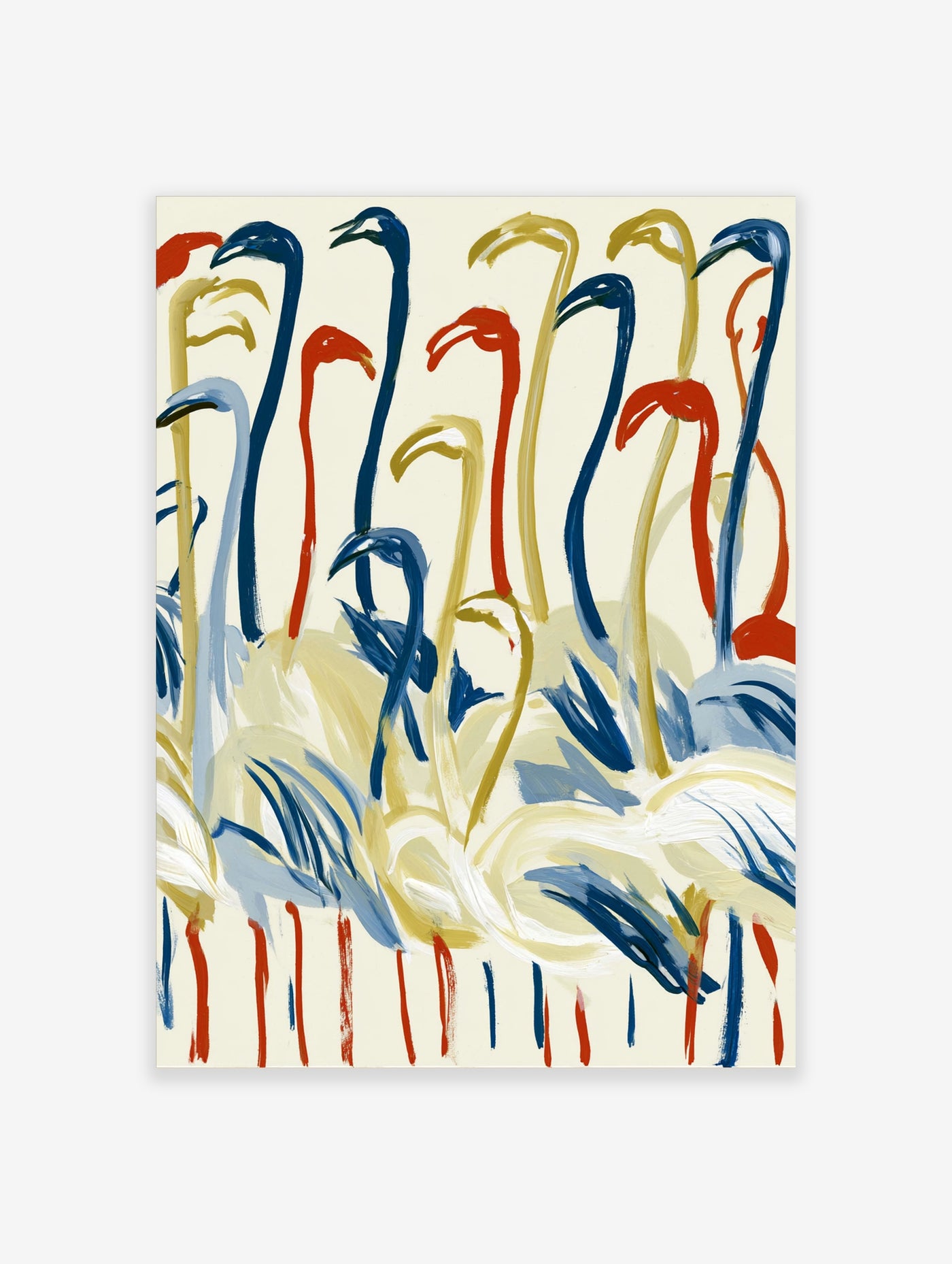 Abstract heron flock art print in blue, red, yellow on cream background