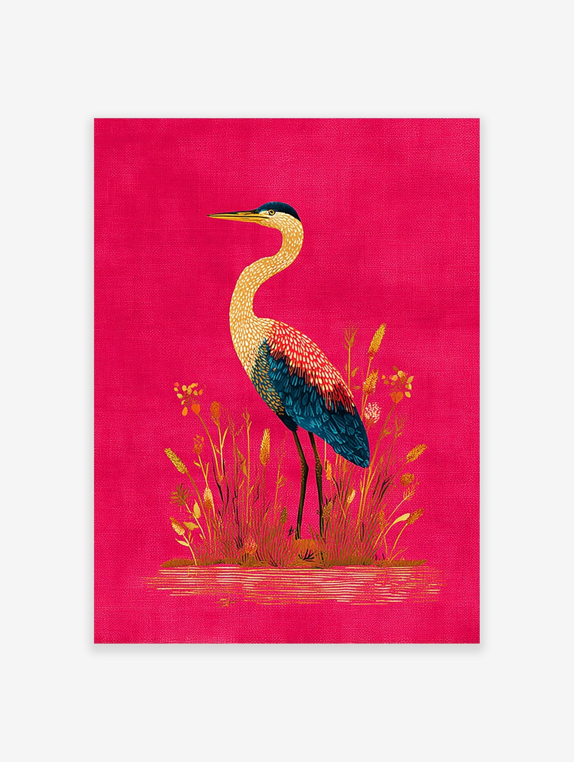 Illustrative heron bird with yellow, red, and blue feathers standing in reeds on a fuchsia background